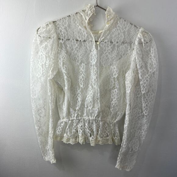 VINTAGE Victorian White Lace Ruffle Peplum Blouse Floral High Neck Back Button - Picture 4 of 4